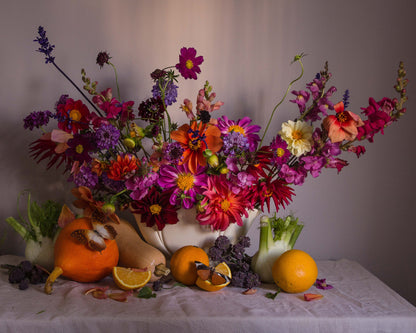 Botanical still-life of dahlias, fruit and squash by fine art photographer Emma Harris