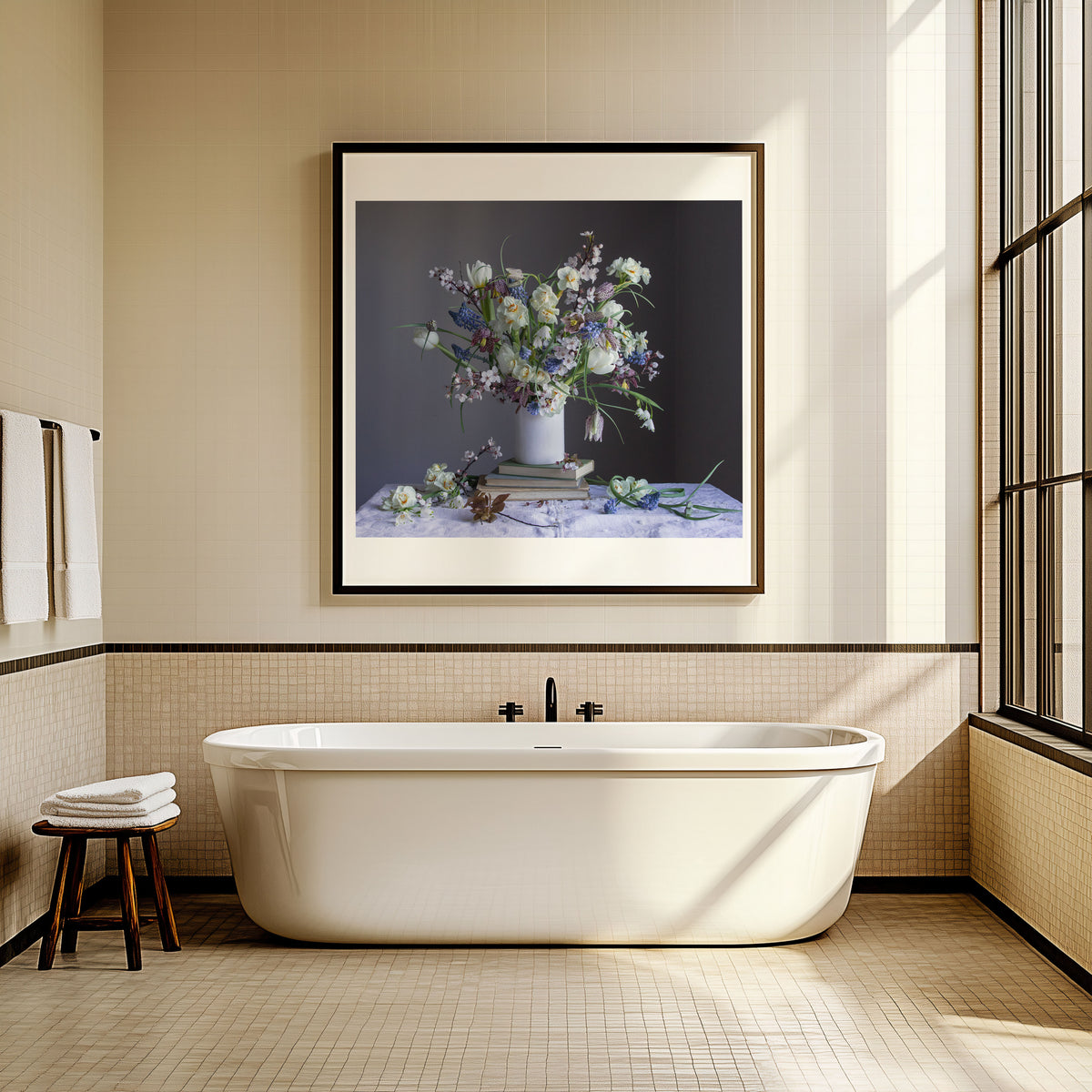 A beautiful bathroom showing a large fine art flower photograph on the wall by Emma Harris