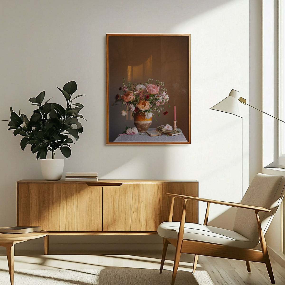 A room with g-plan sideboard and photographic print of peonies by Emma Harris
