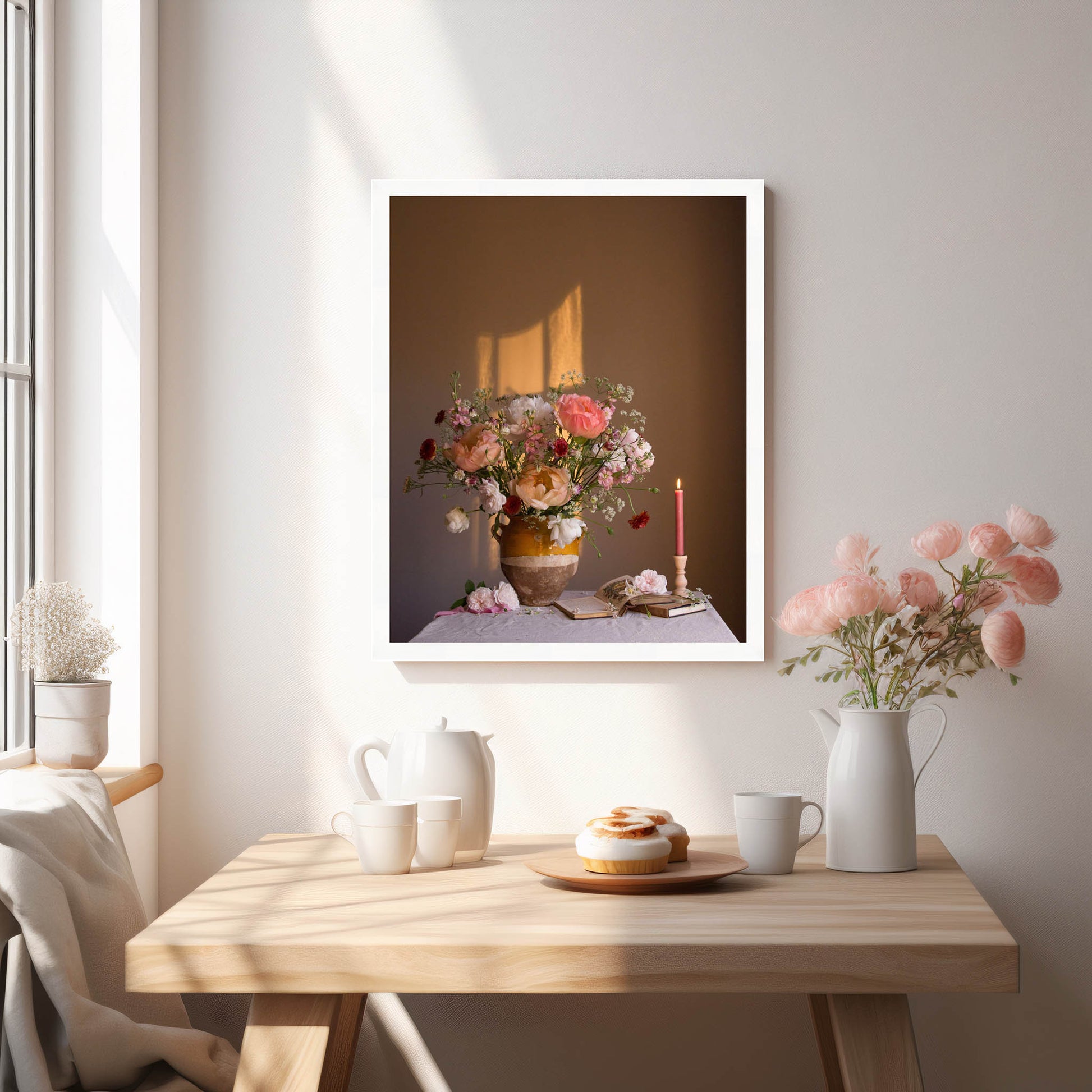 Floral arrangement in a vase on a wooden table with a framed picture above it.   Botanical art.