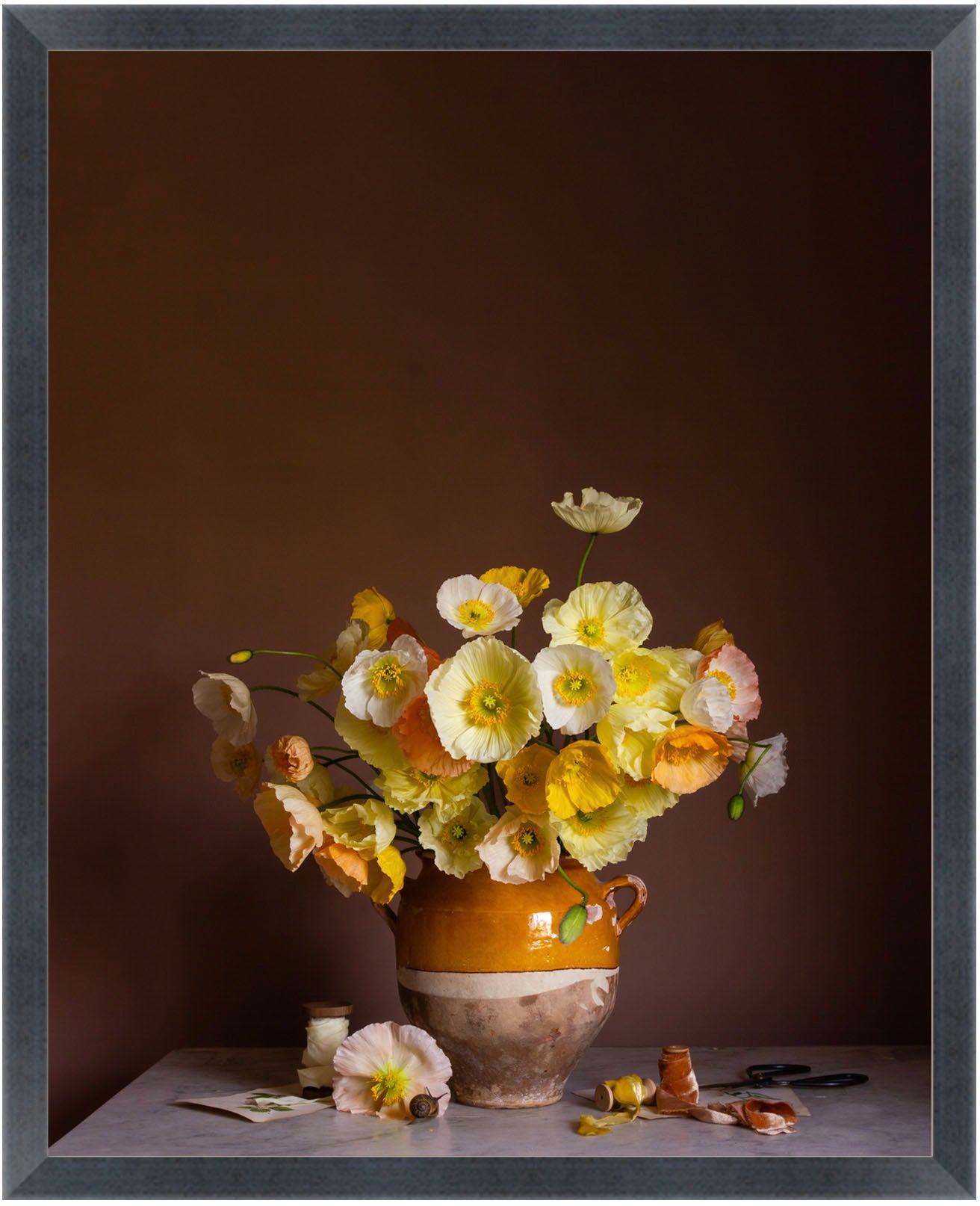 Framed botanical still-life of yellow poppies
