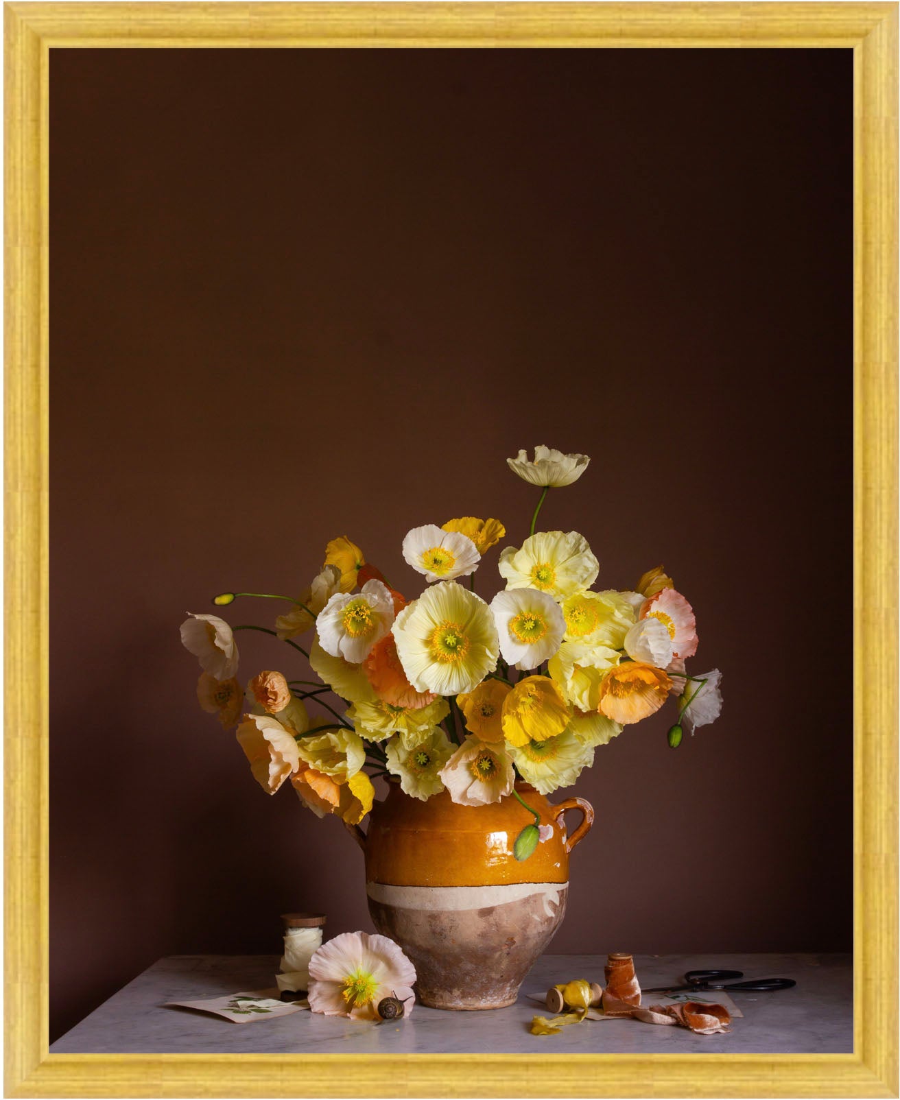 Framed botanical still-life of yellow poppies