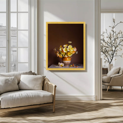 Framed artwork of a floral still life on a wall in a modern living room.
