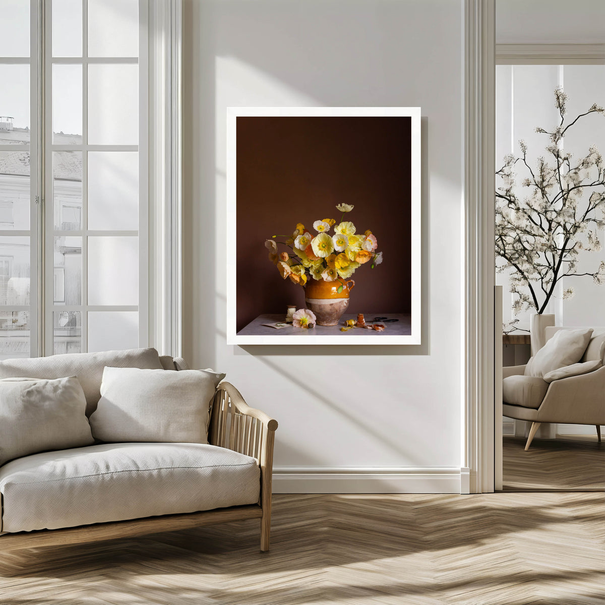 Framed artwork of a floral still life in a modern living room.
