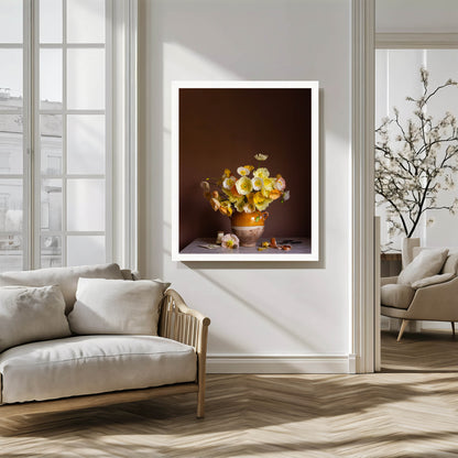Framed artwork of a floral still life in a modern living room.