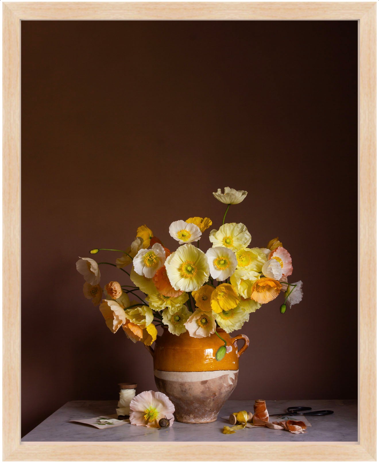Framed botanical still-life of yellow poppies