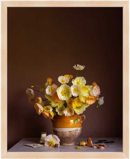 Framed botanical still-life of yellow poppies