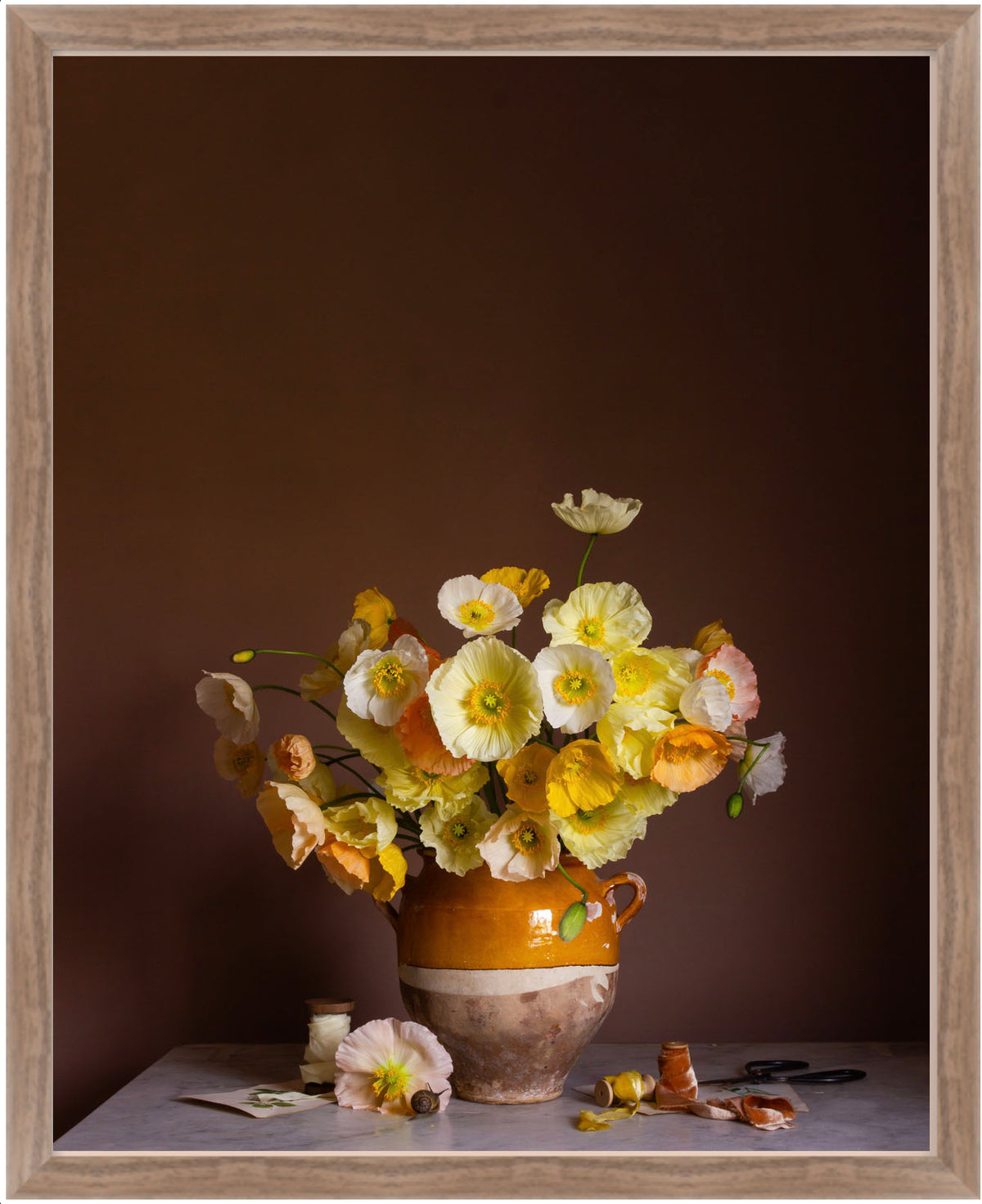 Framed botanical still-life of yellow poppies