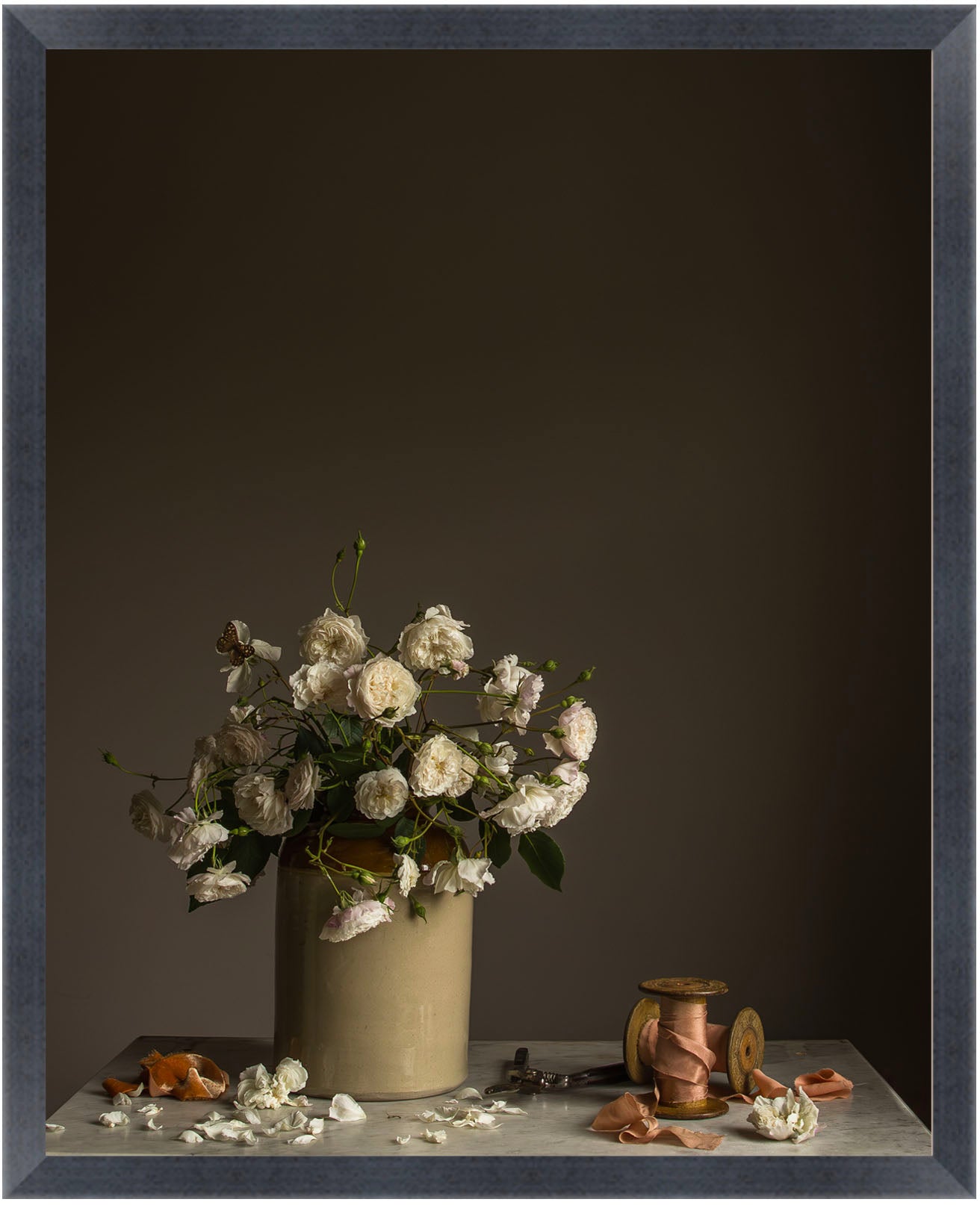 Vase with white flowers on a dark background.   Still life print