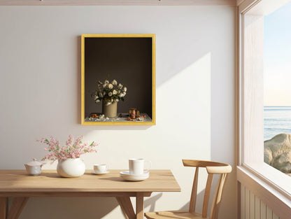 Dining room with a wooden table, chairs, and a framed picture on the wall.   Botanical art.