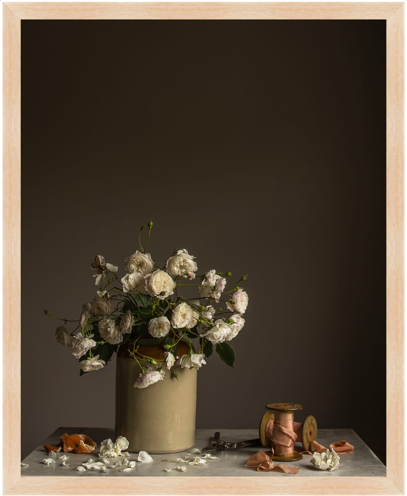 Still life arrangement with a vase of white flowers on a dark background.   Botanical art.