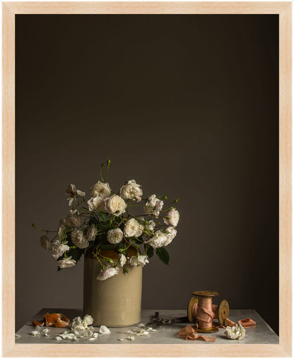 Still life arrangement with a vase of white flowers on a dark background.   Botanical art.