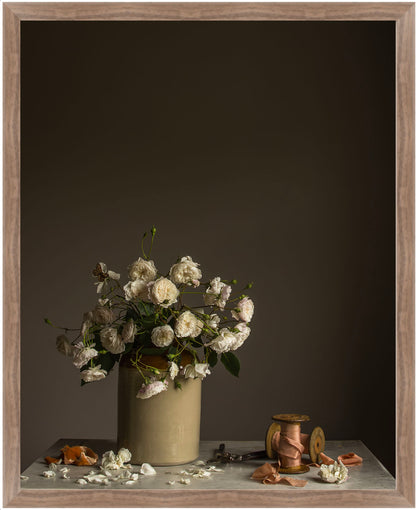 Still life arrangement with flowers in a vase on a dark background.   Botanical print.