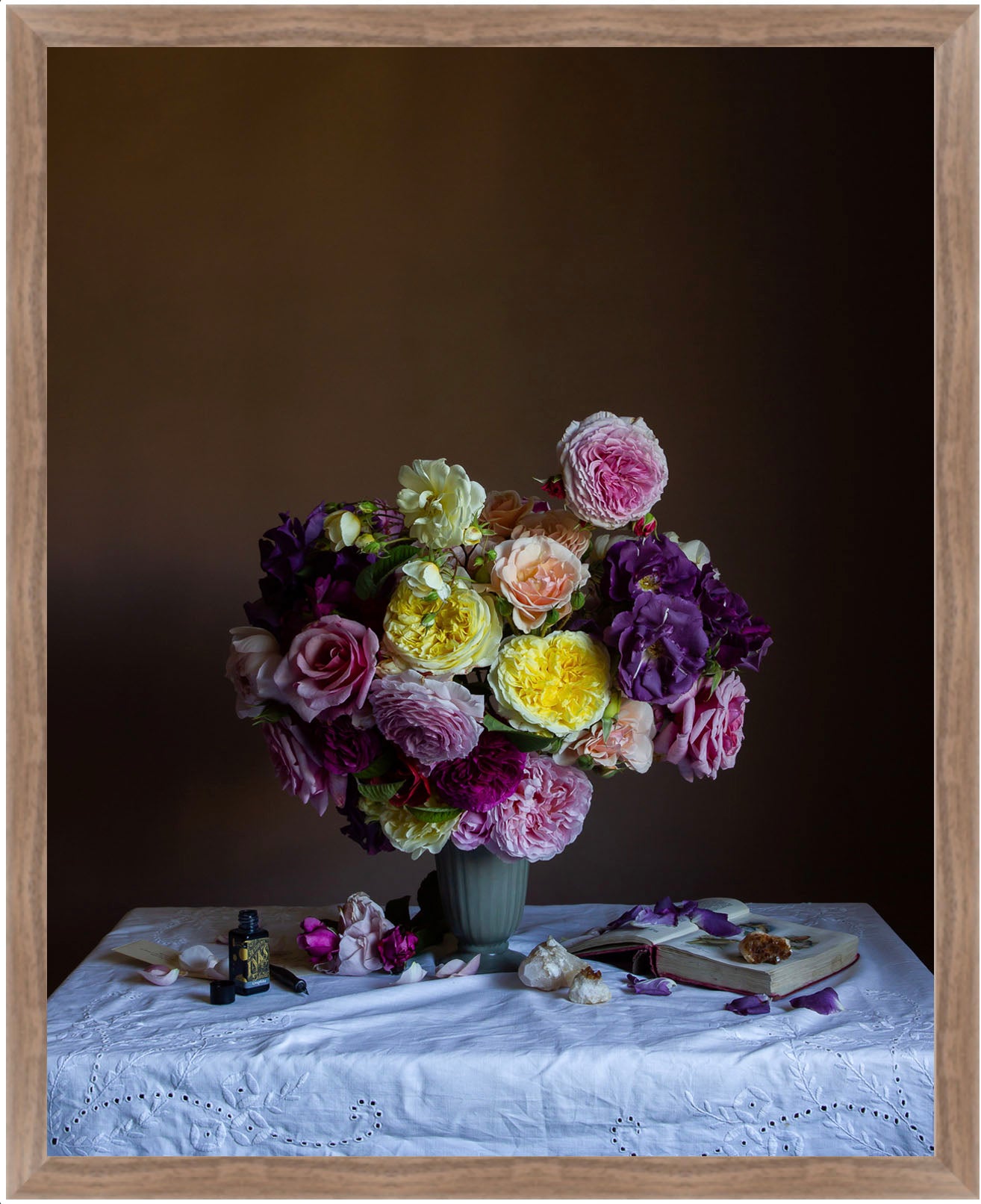 Framed floral still-life of garden roses by Emma Harris