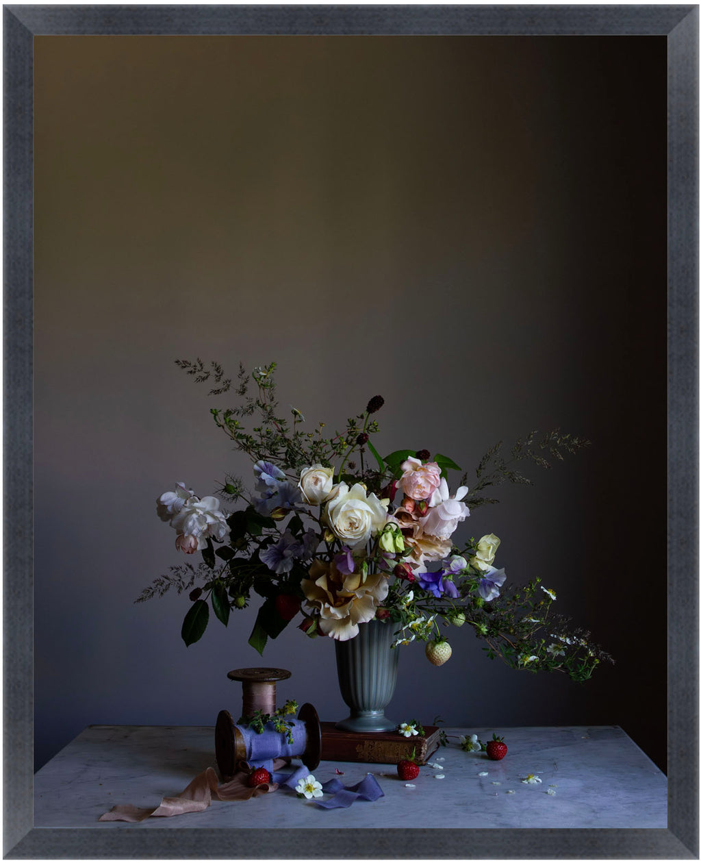 Floral arrangement in a vase on a table with a dark background.   Botanical art