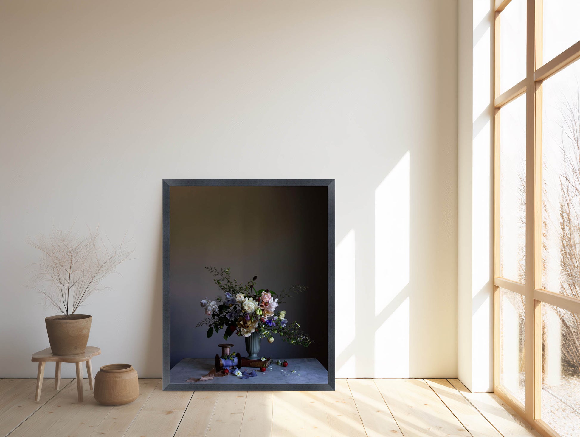 Framed artwork of a floral arrangement in a minimalistic room with large windows.   Floral artwork
