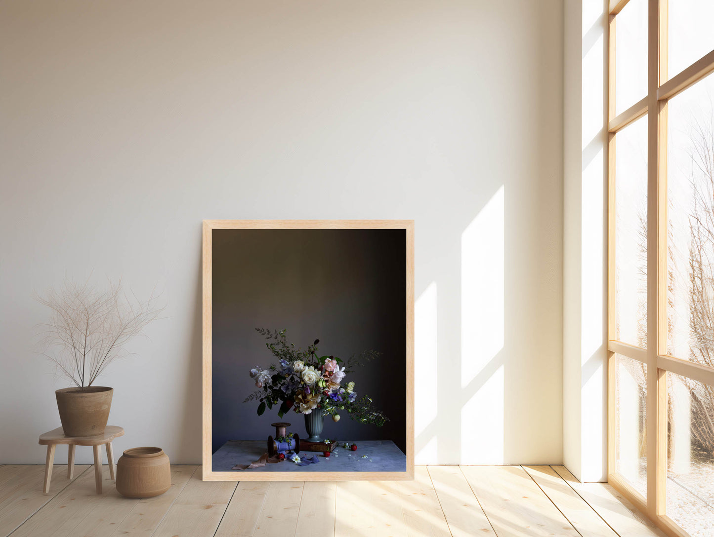 Framed artwork of a still life with flowers in a minimalistic room.   flower print