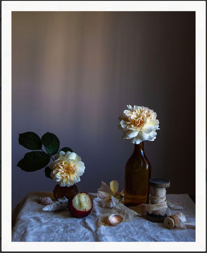 Framed still life arrangement with flowers in bottles on a textured surface. Flower picture