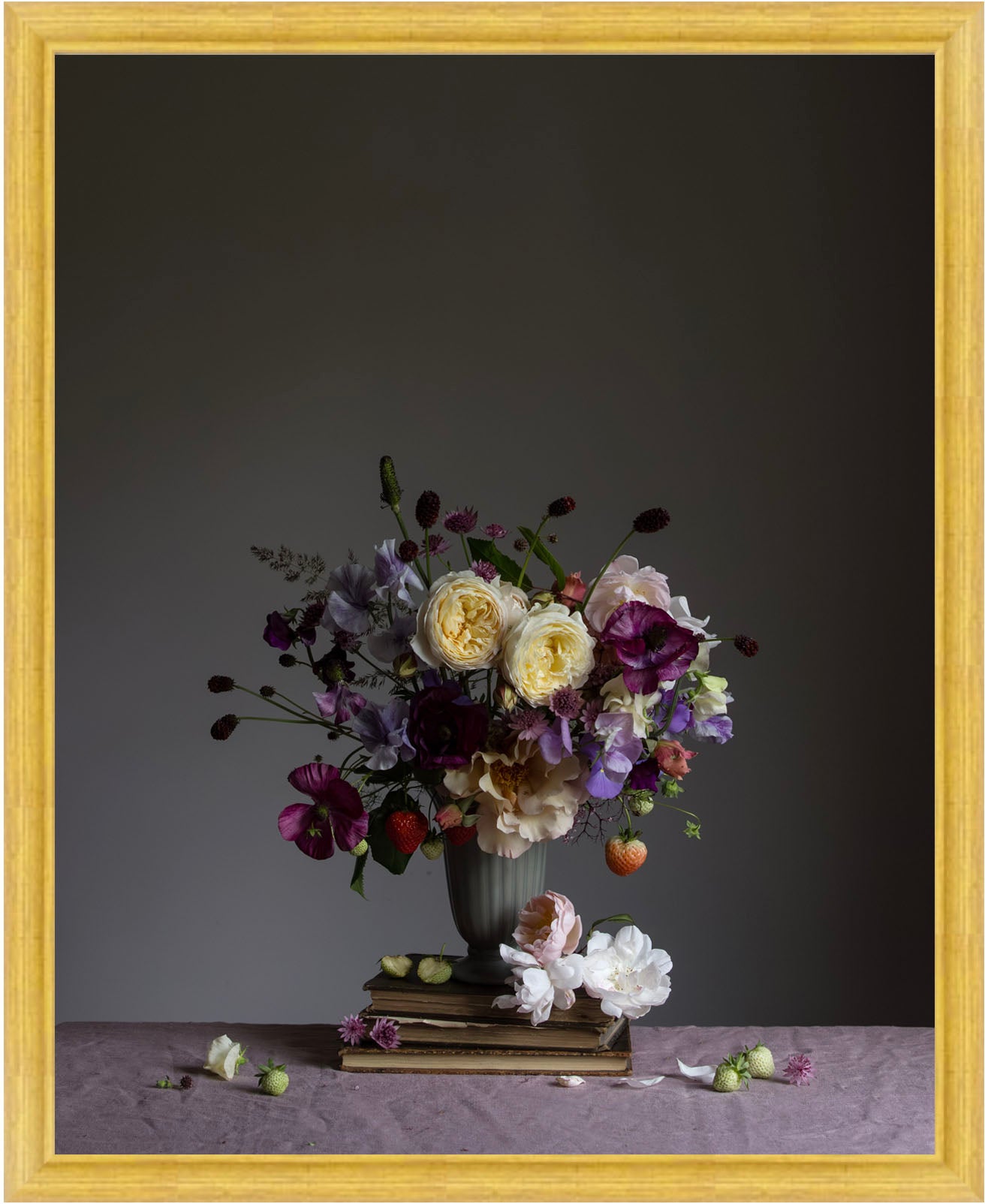 Floral arrangement in a vase on a table with a dark background.   Still life print