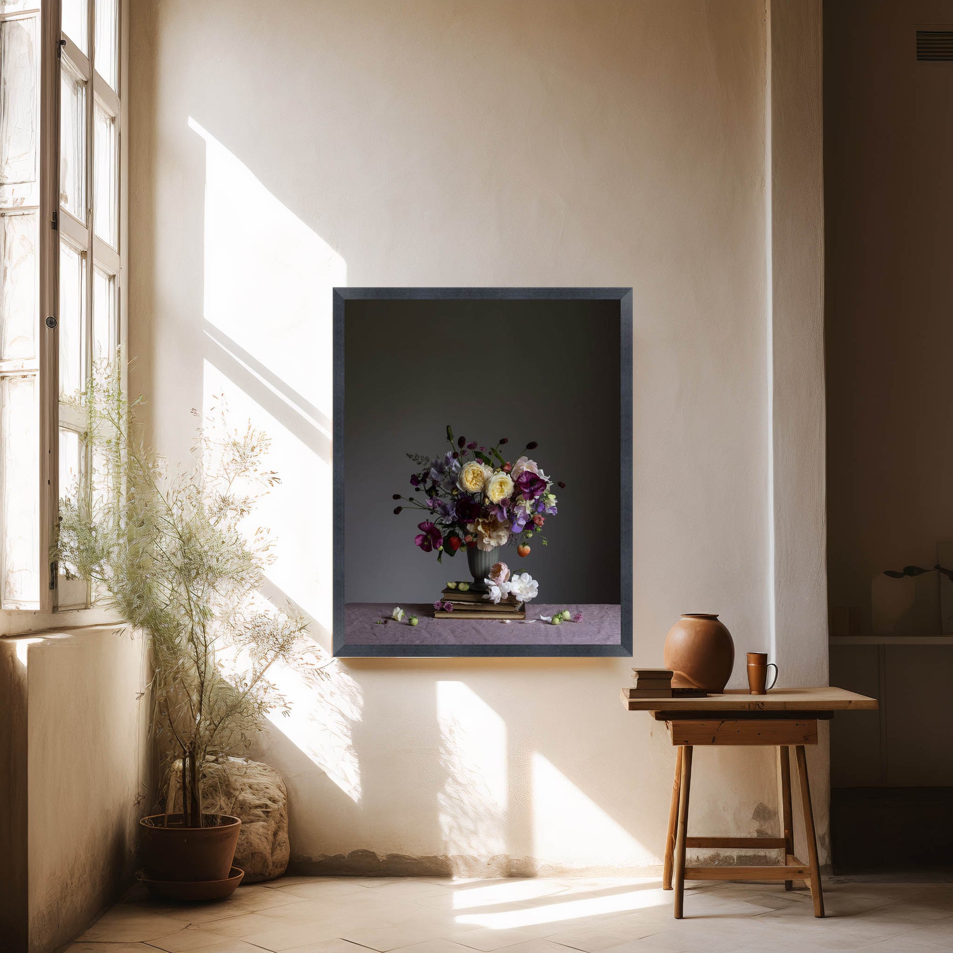 Framed artwork of a floral arrangement on a wall with natural light coming through a window.   Floral picture