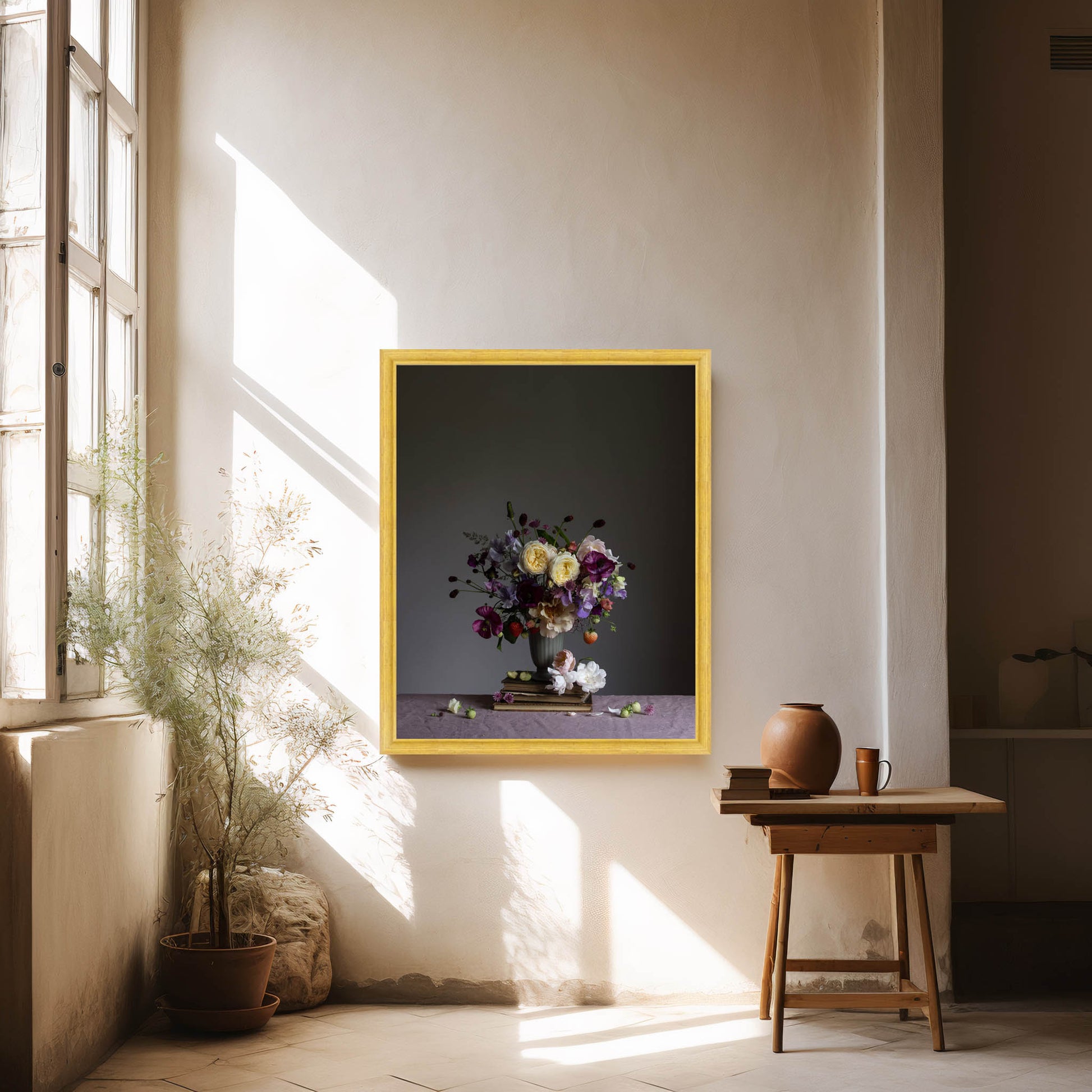 Framed artwork of a still life scene in a sunlit room with a plant and wooden stool.   Still life art