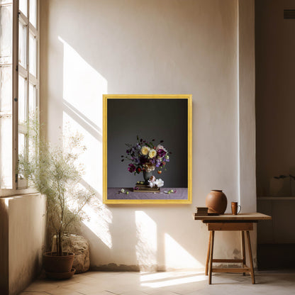 Framed artwork of a still life scene in a sunlit room with a plant and wooden stool.   Still life art