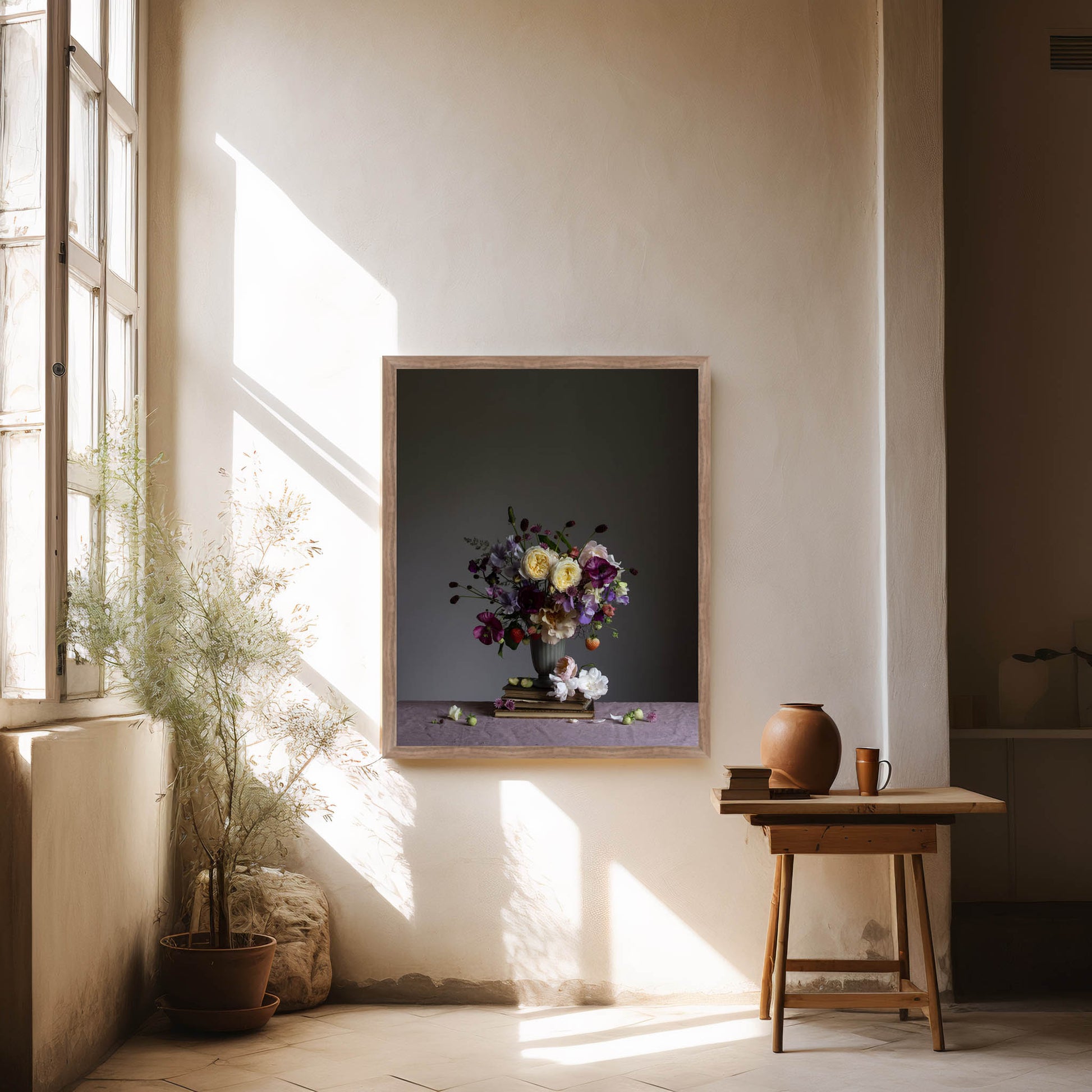 Room interior with a framed picture of flowers, a vase, and a small table by a window.   Botanical art