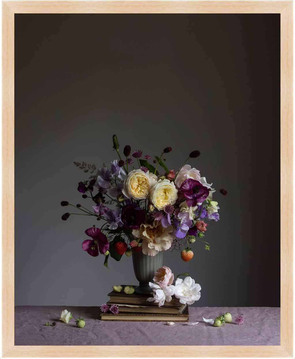 Floral arrangement in a vase on a dark background.   Floral print