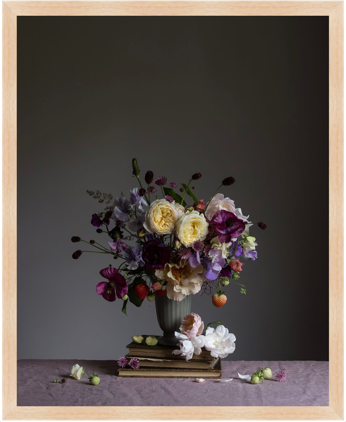 Floral arrangement in a vase on a dark background.   Floral print