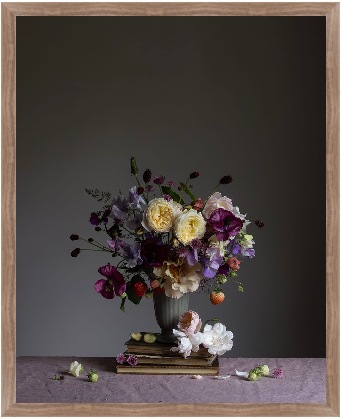 Still life arrangement with flowers and fruits on a dark background.  Flower print