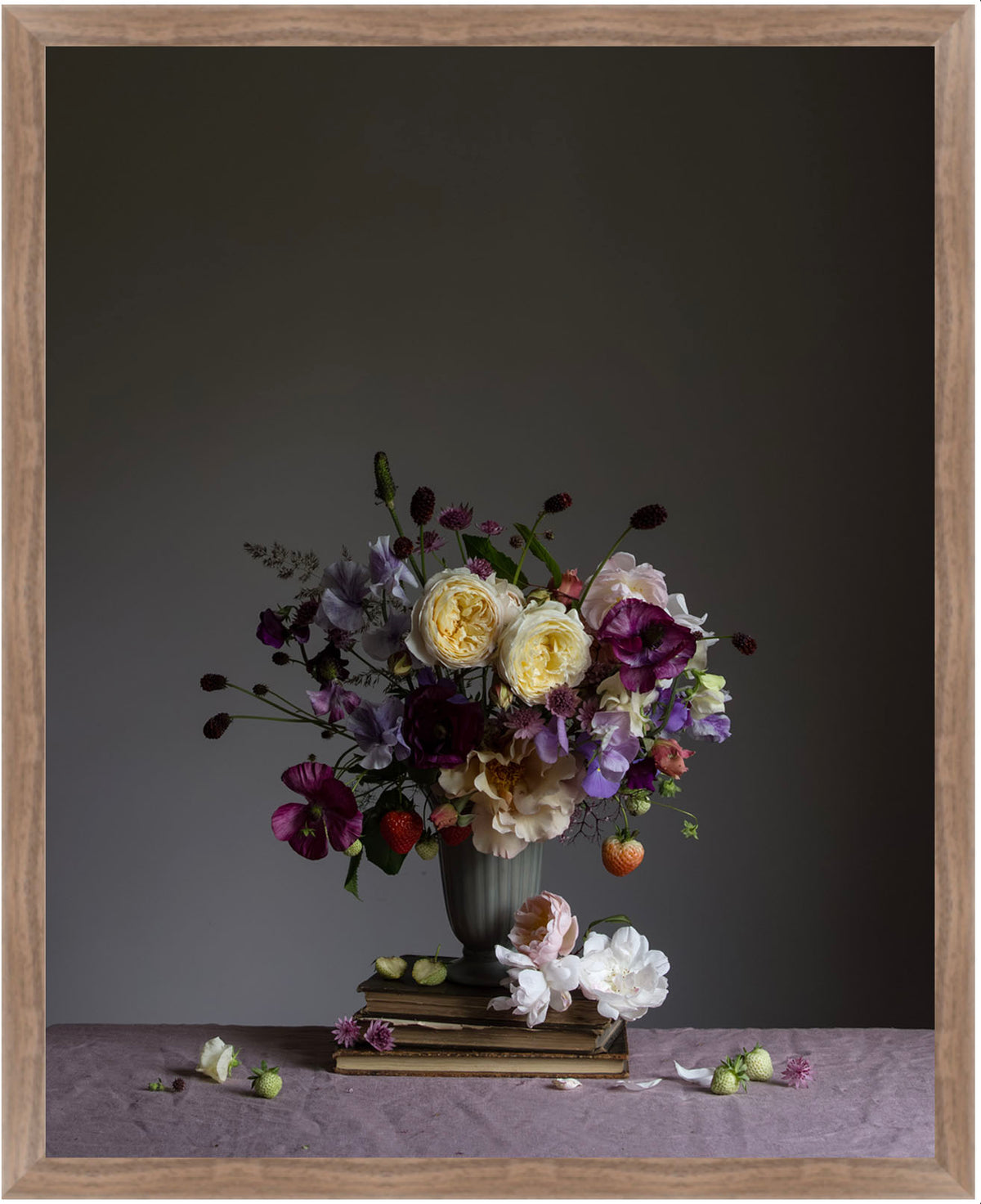 Still life arrangement with flowers and fruits on a dark background.  Flower print