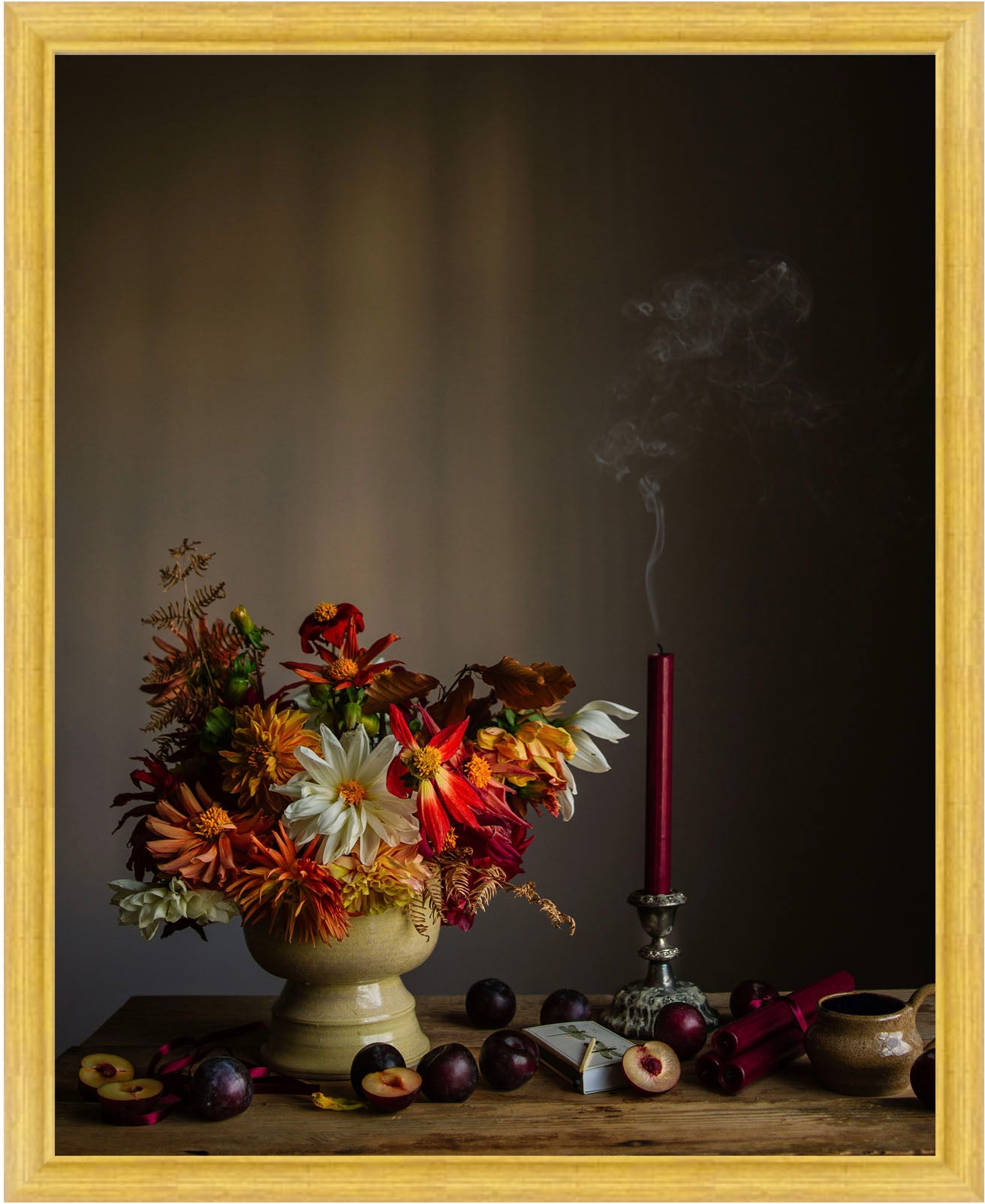 Framed floral Still life with flowers, fruits, and a smoking candle on a dark background by photographer Emma Harris