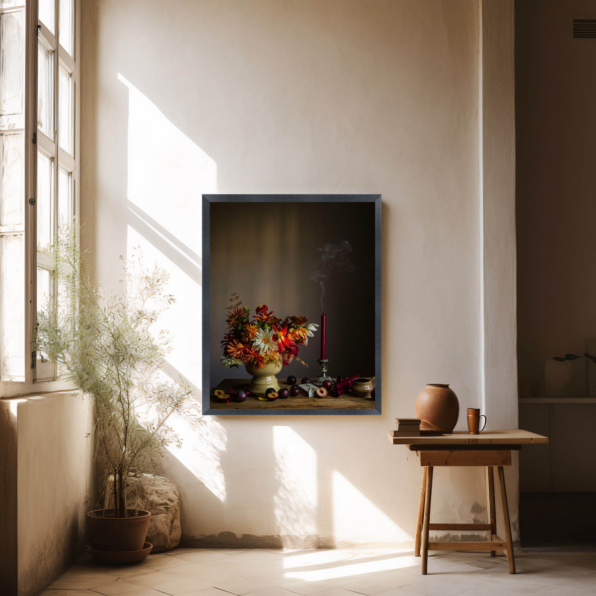 Framed floral still-life artwork on a wall with a wooden stool and plant in a sunlit room.