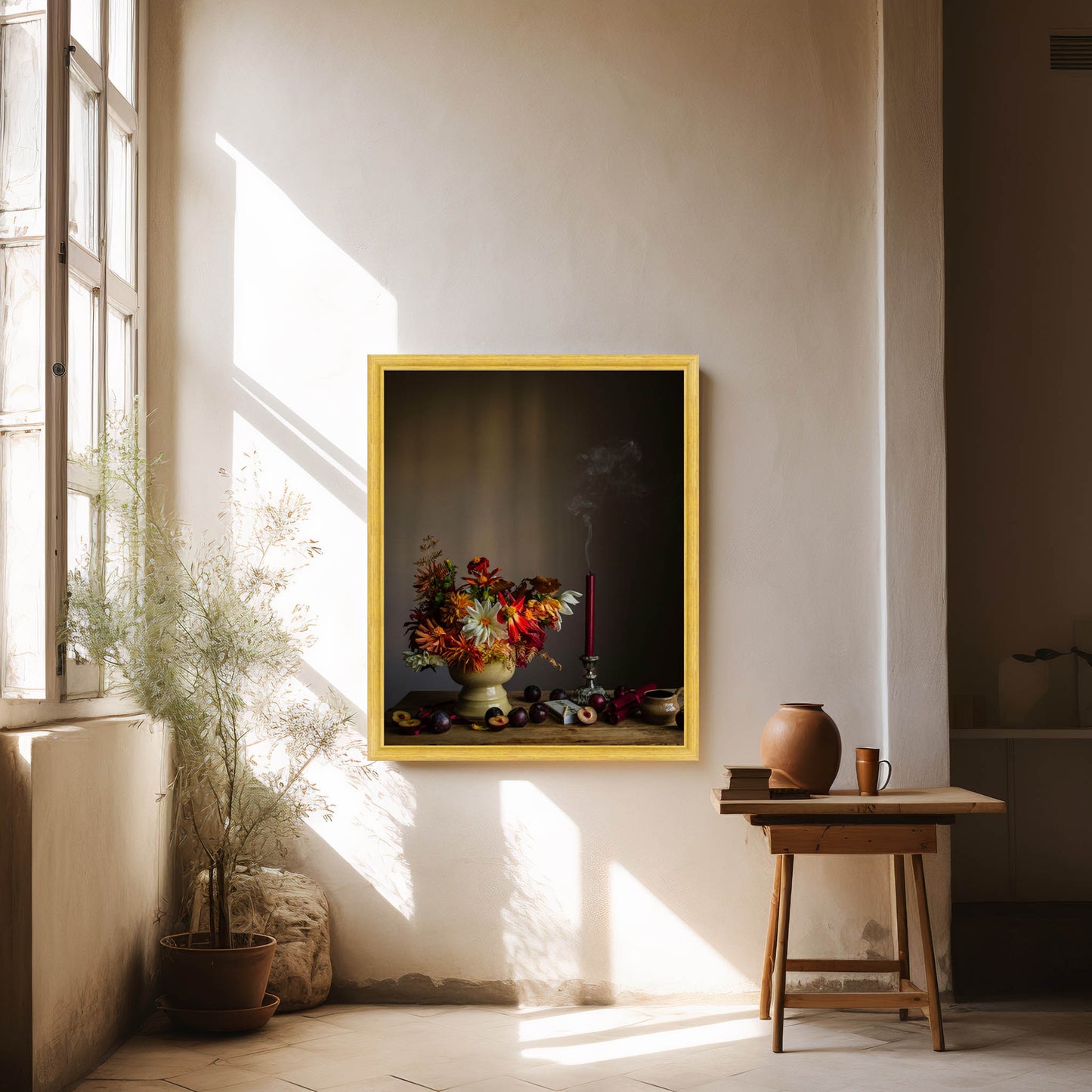 Framed floral still-life photograph on a wall with a plant and small table in a room