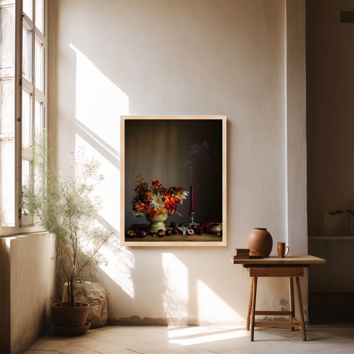 Room interior with a framed floral artwork on the wall, a small table with a vase, and a plant by a window.