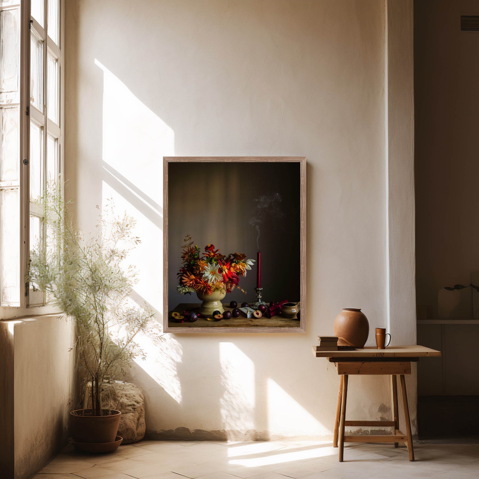 Neutral room with framed still-life of dahlias, candles and plums