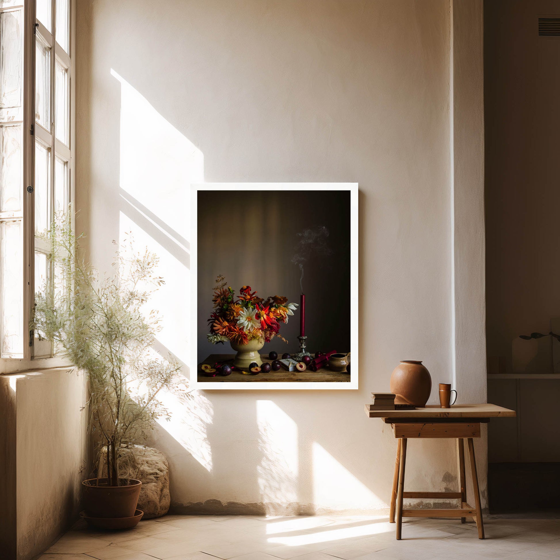 Framed botanical artwork on a wall with a plant and wooden stool in a sunlit room.