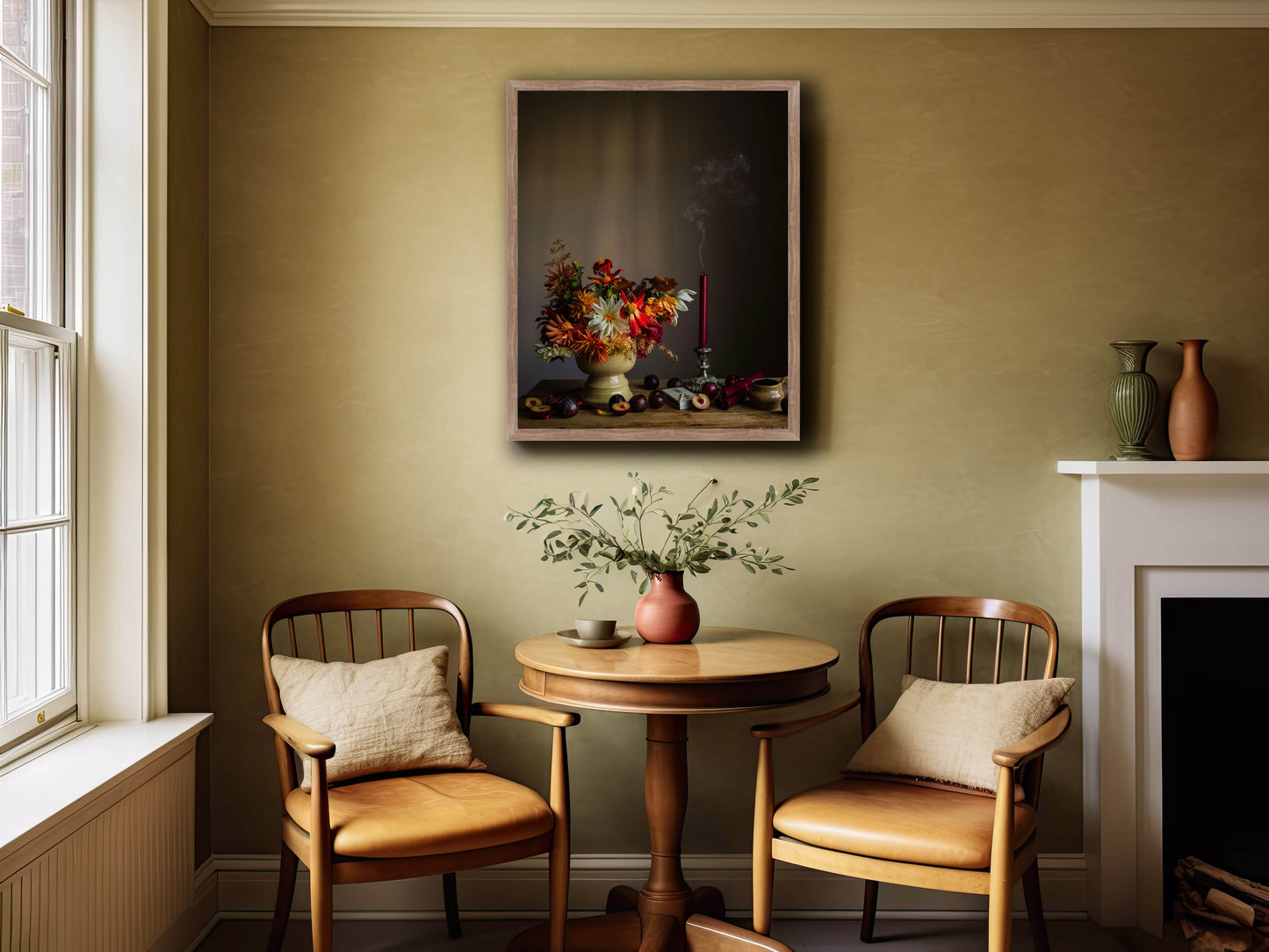 gorgeous sitting room with framed still-life on the wall