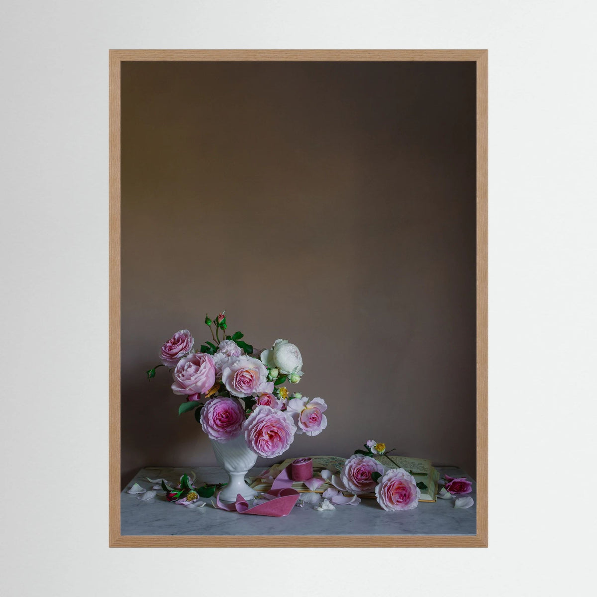 A floral art print of the birth flower for June, roses in oak frame by photographer Emma Harris