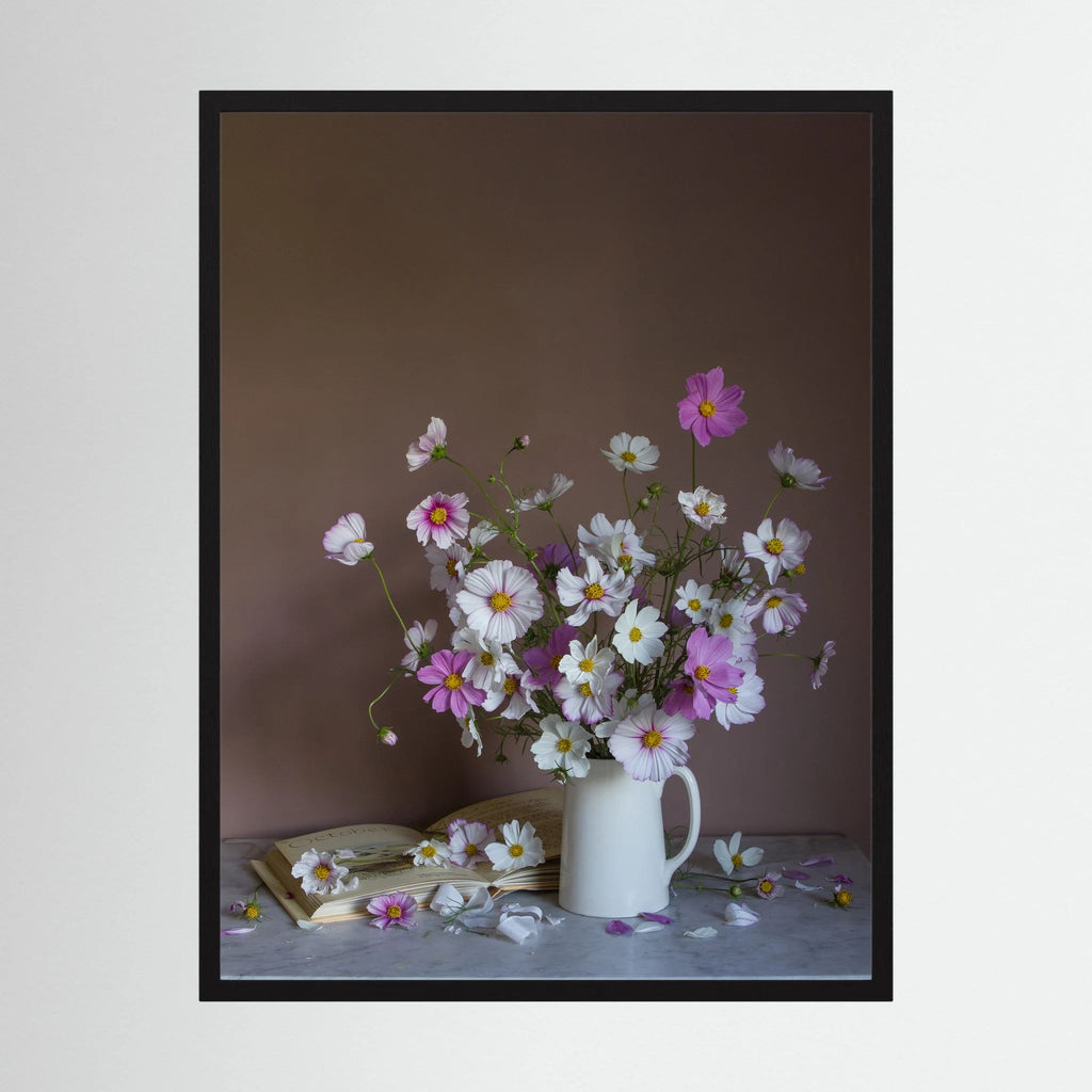 Still life art print of the birth month flower for October, cosmos in black frame by Emma Harris