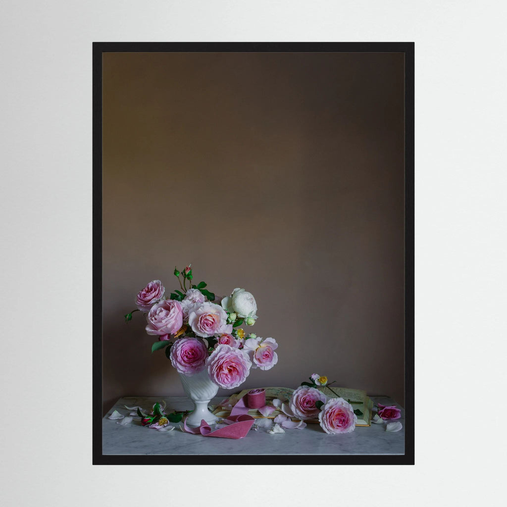 A floral art print of the birth flower for June, roses in black frame by photographer Emma Harris