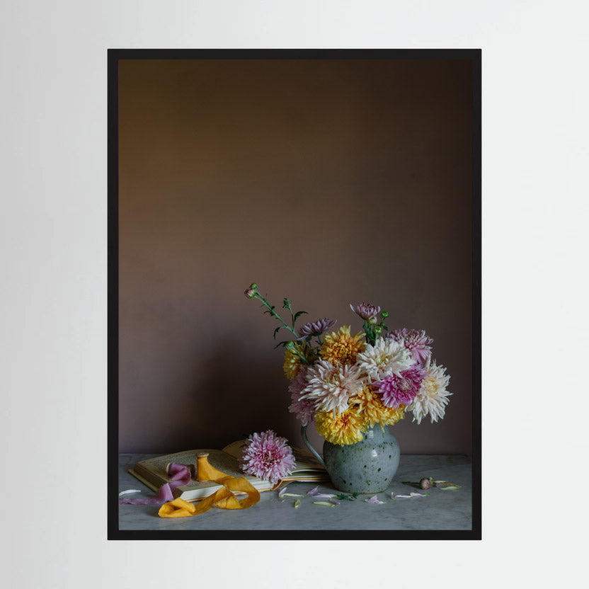 Still life floral art print of November birth month flower chrysanthemums by Emma Harris in black frame