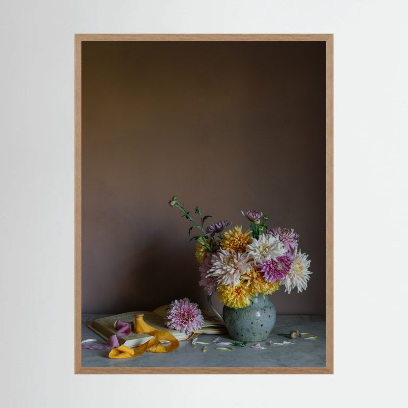 Still life floral art print of November birth month flower chrysanthemums by Emma Harris in oak frame