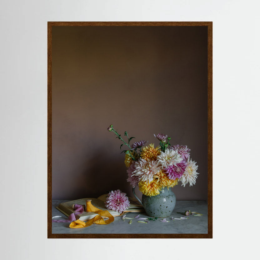 Still life floral art print of November birth month flower chrysanthemums by Emma Harris in walnut frame