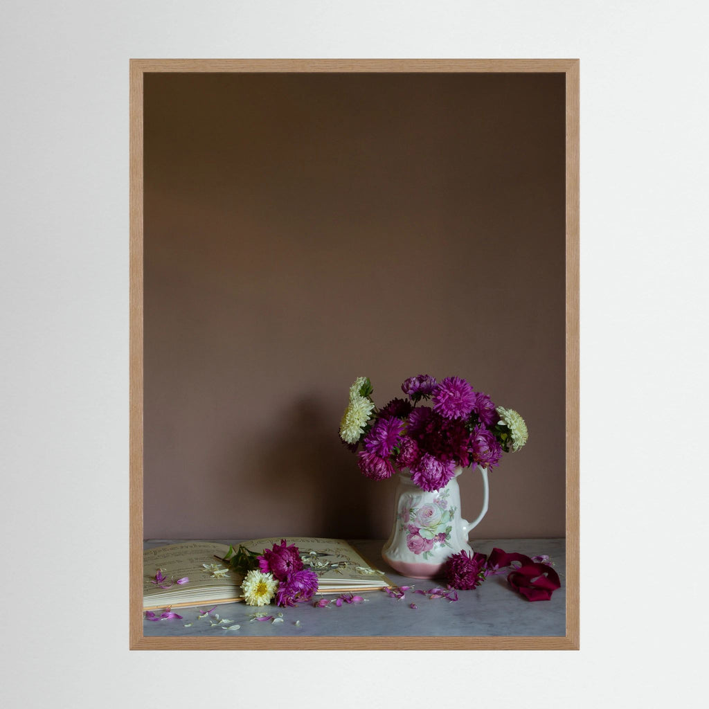 A floral art print of September birth month flowers, asters in a oak frame by photographer Emma Harris