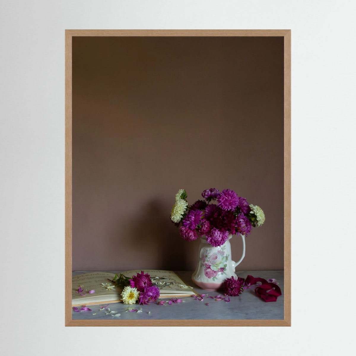 A floral art print of September birth month flowers, asters in a oak frame by photographer Emma Harris