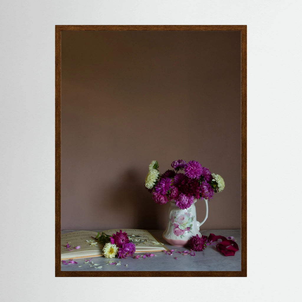 A floral art print of September birth month flowers, asters in a walnut frame by photographer Emma Harris