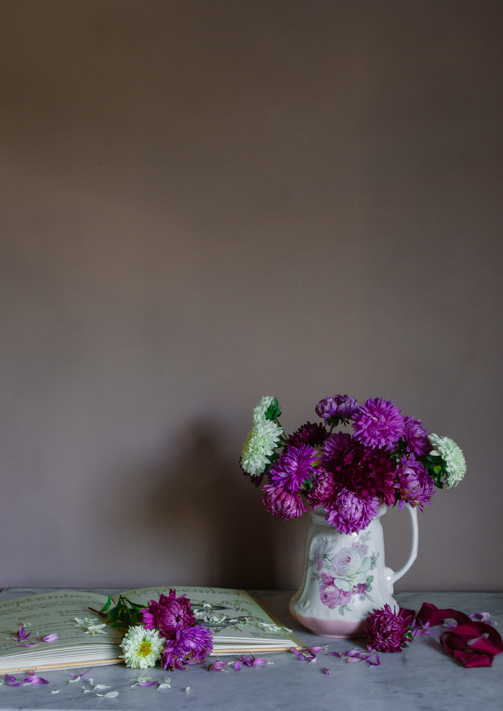 Floral still life art print of september birth month flowers, asters.