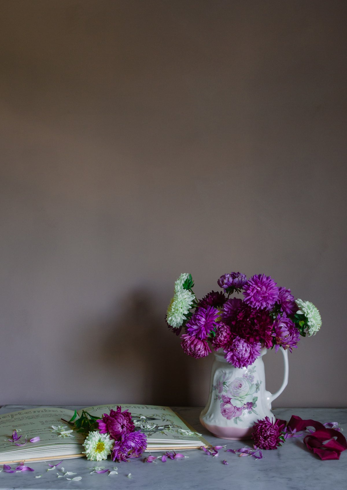 Floral still life art print of september birth month flowers, asters.
