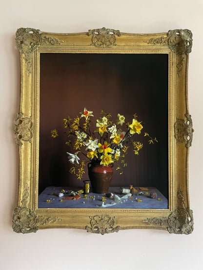 Floral Art print of daffodils by Emma Harris framed in vintage frame